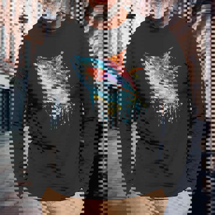 水彩 マグロ 魚 カラフル 海釣り 釣り 長袖Tシャツ 高齢者への贈り物