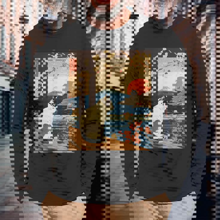 浮世絵 アート 神奈川 ヴィンテージ 日本のタトゥーアート 猫 グラフィック 長袖Tシャツ 高齢者への贈り物