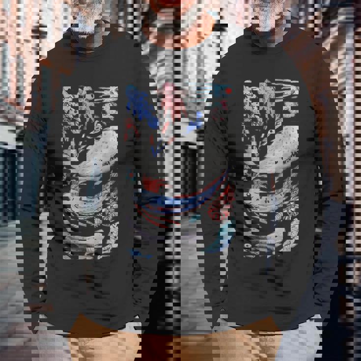 深海の海の生き物 オールフィッシュホエールサメ 水彩画 長袖Tシャツ 高齢者への贈り物