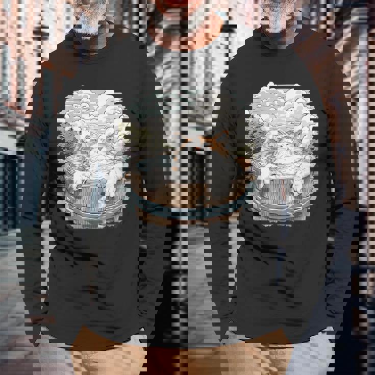 温泉 風呂 子猫 ペット好き 日本画 かわいい 猫 長袖Tシャツ 高齢者への贈り物