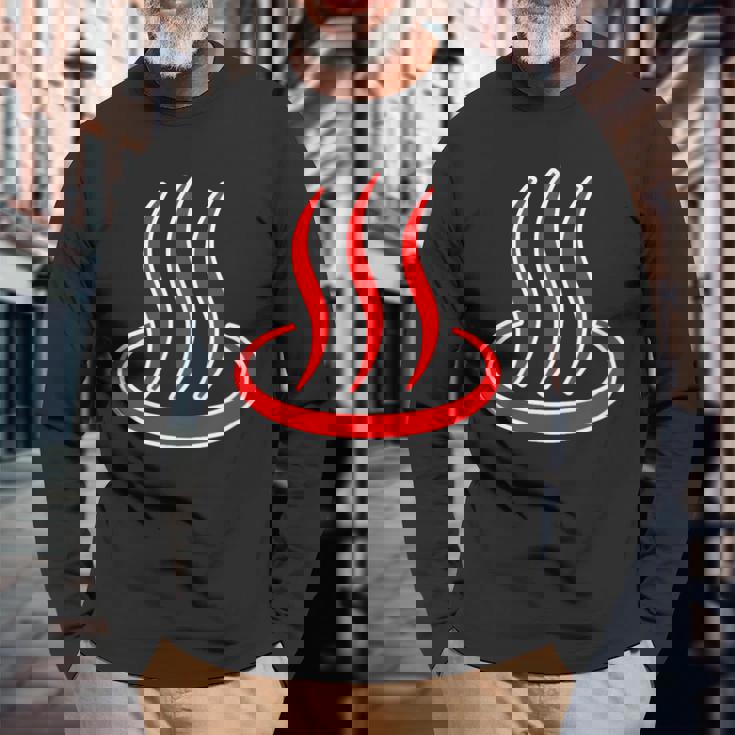 温泉マーク・赤 レッド（アイラブ 温泉／お風呂 大好き）銭湯 記号 お土産 旅行 メッセージ・面白 長袖Tシャツ 高齢者への贈り物