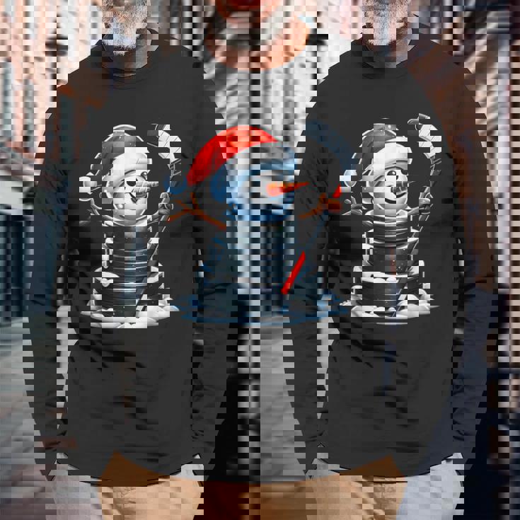 漫画 アイスホッケーパック 雪だるま サンタ帽子付き クリスマス 長袖Tシャツ 高齢者への贈り物