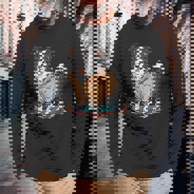 漫画の外観のかわいいボーダーコリー 長袖Tシャツ 高齢者への贈り物