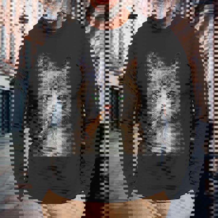 煙草を吸うネコ 猫 たばこ ねこ 長袖Tシャツ 高齢者への贈り物