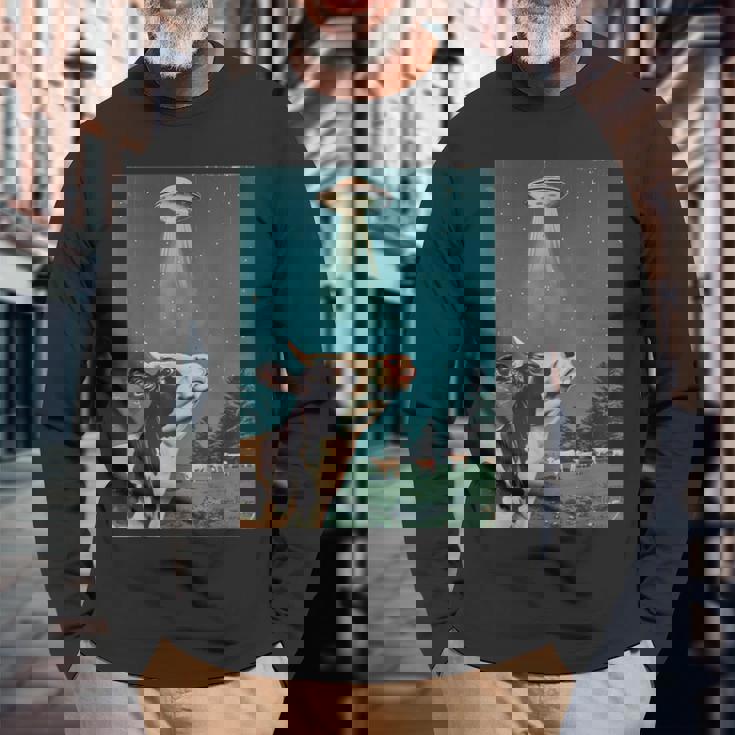 牛とufo ヴィンテージ 面白い アート レトロ グラフィック 長袖Tシャツ 高齢者への贈り物