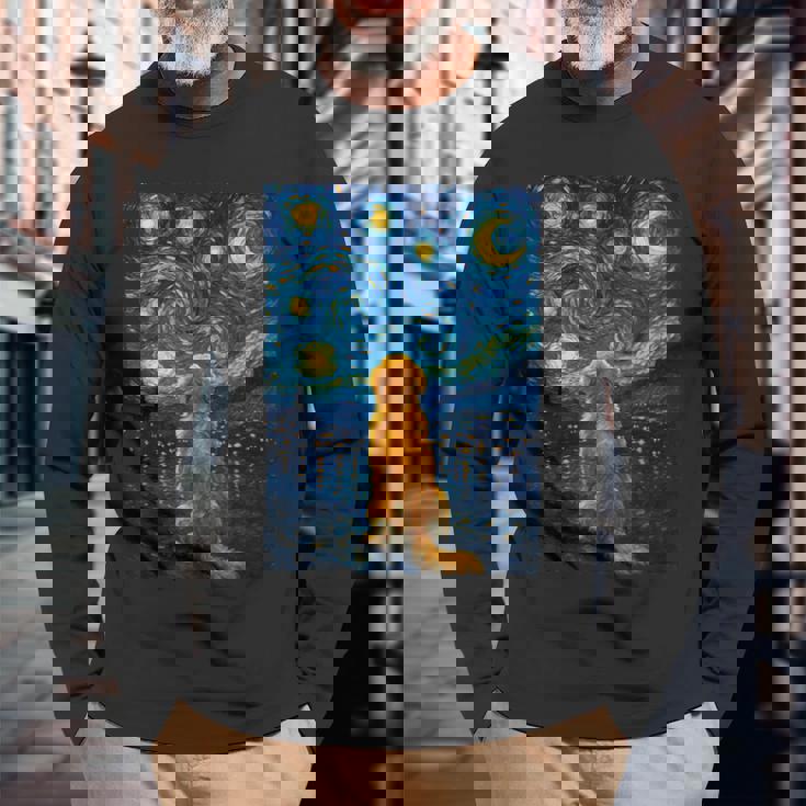 犬 天体観測 ゴッホ 夜空 ゴールデンレトリバー ラブラドール 長袖Tシャツ 高齢者への贈り物