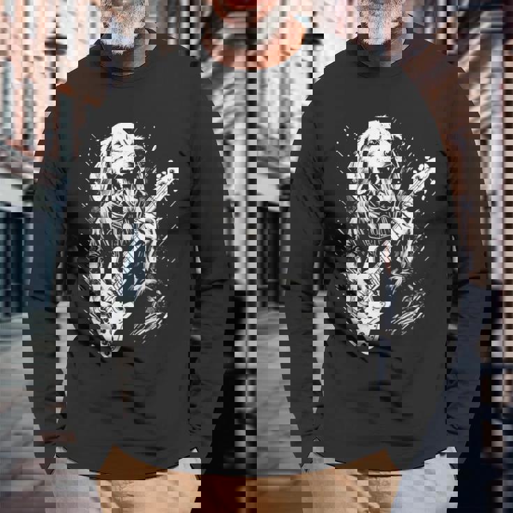 犬 演奏 ベース ギター シャツ 男性用 動物 ギターを弾く 長袖Tシャツ 高齢者への贈り物