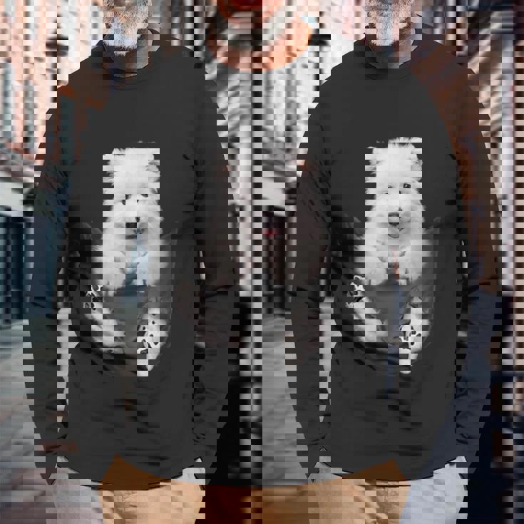 犬好きの方へのギフト サモエド ポケットに入った面白い犬の顔 長袖Tシャツ 高齢者への贈り物