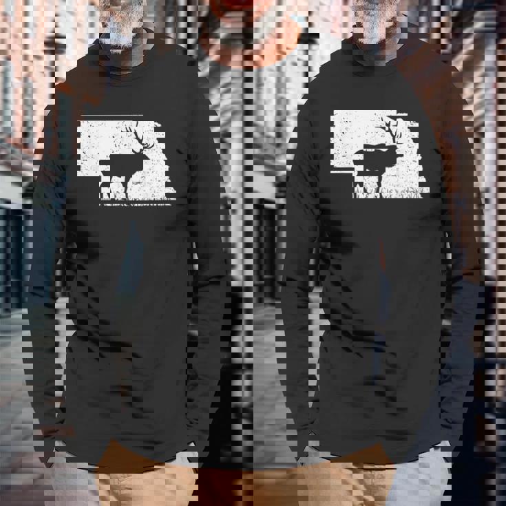 狩猟ヘラジカまたはワピティ ネブラスカ地図アートハンター 長袖Tシャツ 高齢者への贈り物
