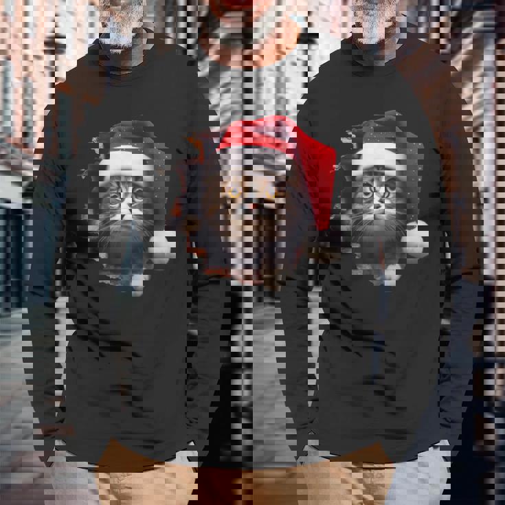 猫 クリスマス クリスマスパーティー 長袖Tシャツ 高齢者への贈り物