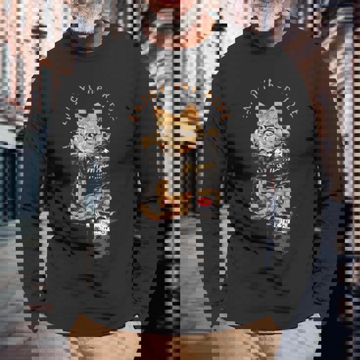 猫 おもしろ バイク オートバイ ねこ ライダース バイカー 面白い ネコ 長袖Tシャツ 高齢者への贈り物