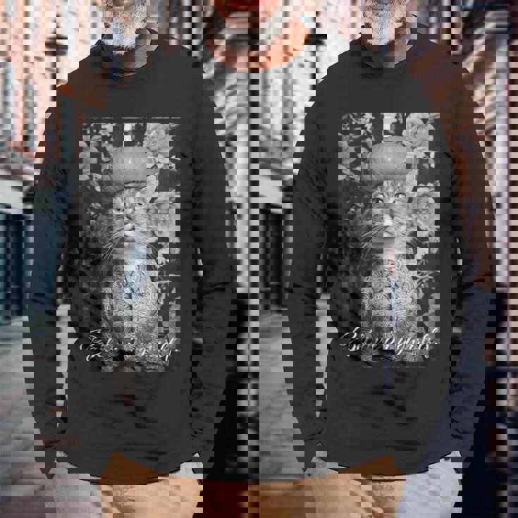 猫 モノクロ 写真 おしゃれ 可愛い 個性的 ハロウィン かぼちゃ 長袖Tシャツ 高齢者への贈り物