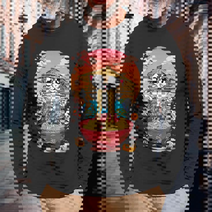 猫 ラーメン 日本語 面白い グラフィック カワイイ 猫 アニメ 恋人 長袖Tシャツ 高齢者への贈り物