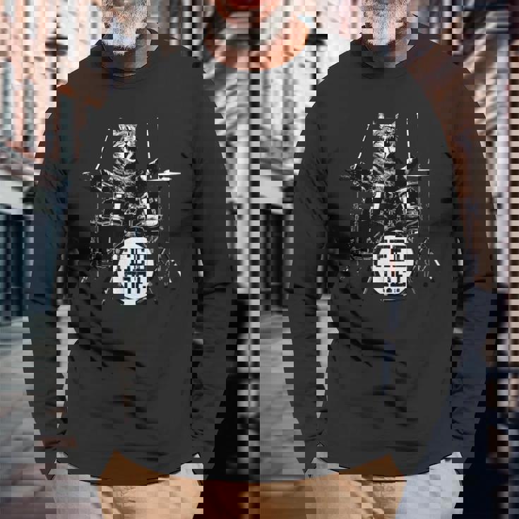 猫 ロックンロール パンク バンド 猫柄 猫好き Rock 面白い おしゃれ かっこいい 大きいサイズ Catdrum 長袖Tシャツ 高齢者への贈り物