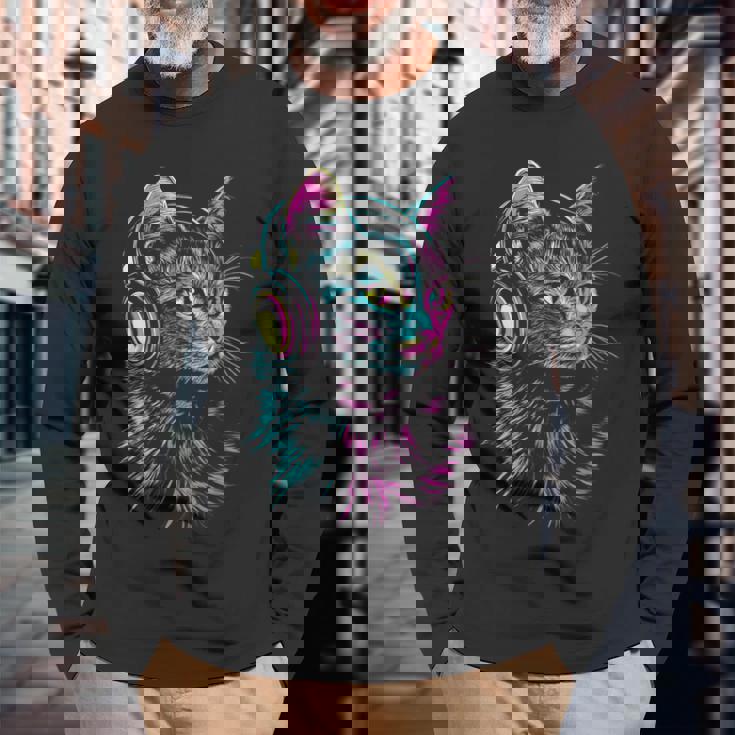 猫 動物 モチーフ 音楽 ヘッドホン イラスト 猫 長袖Tシャツ 高齢者への贈り物