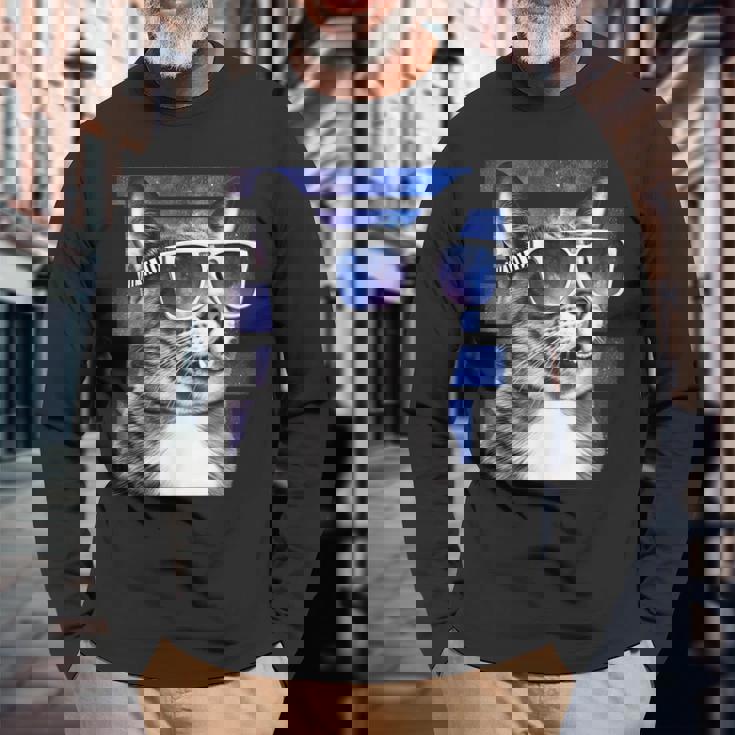 猫 宇宙 メガネ ギャラクシー サングラス おもしろい 猫 ミーム 長袖Tシャツ 高齢者への贈り物