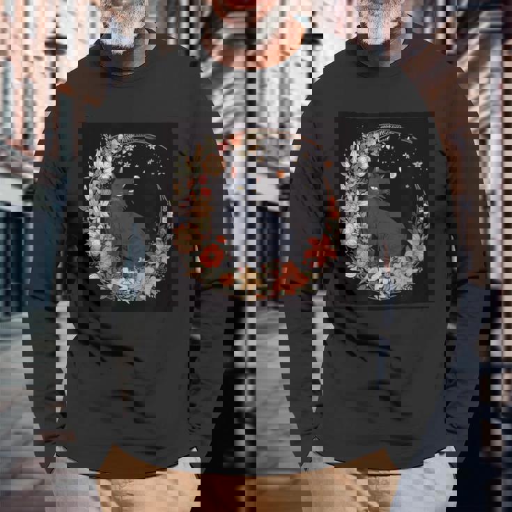 猫 月 花柄 グラフィック 長袖Tシャツ 高齢者への贈り物