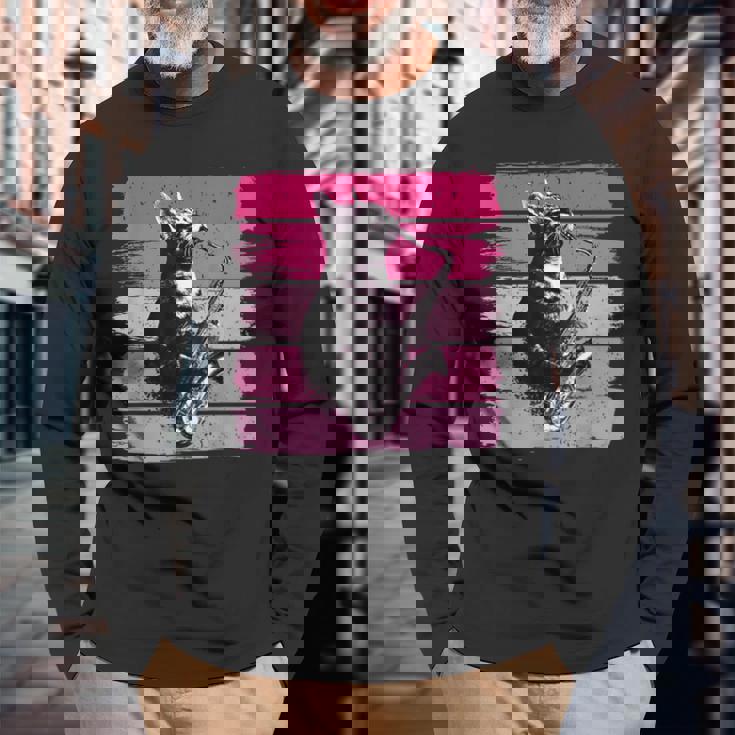 猫 演奏 サックス おもしろい 猫 ジャズ サックス レトロ サックス 長袖Tシャツ 高齢者への贈り物