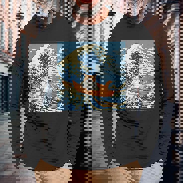 猫 葛飾北斎 神奈川沖浪裏 ネタ 冗談 ギャグ かわいい 長袖Tシャツ 高齢者への贈り物