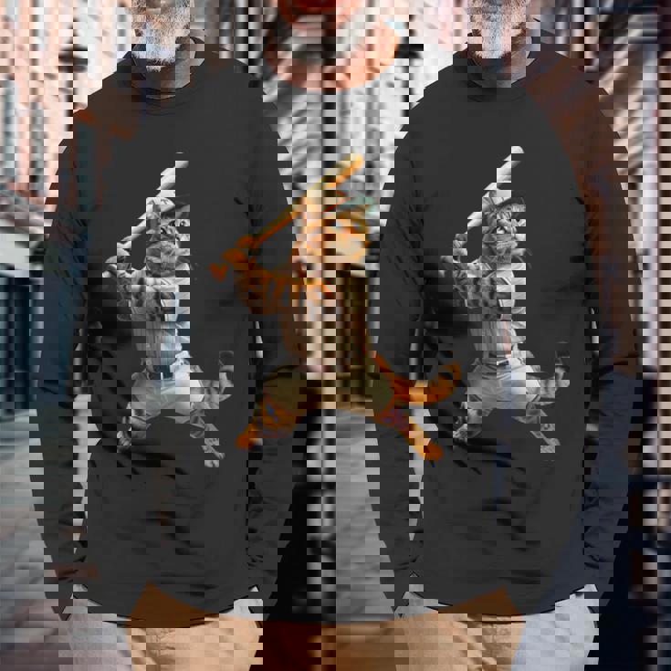 猫 面白いtシャツ 野球 ネコ ベースボール おもしろ 服 ネタ メンズ 野球部 おもしろグッズ 大人 子供 長袖Tシャツ 高齢者への贈り物