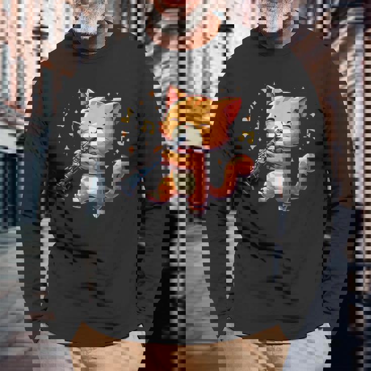 猫好きのためのかわいい猫のデザイン 猫がクラリネットを弾く 長袖Tシャツ 高齢者への贈り物