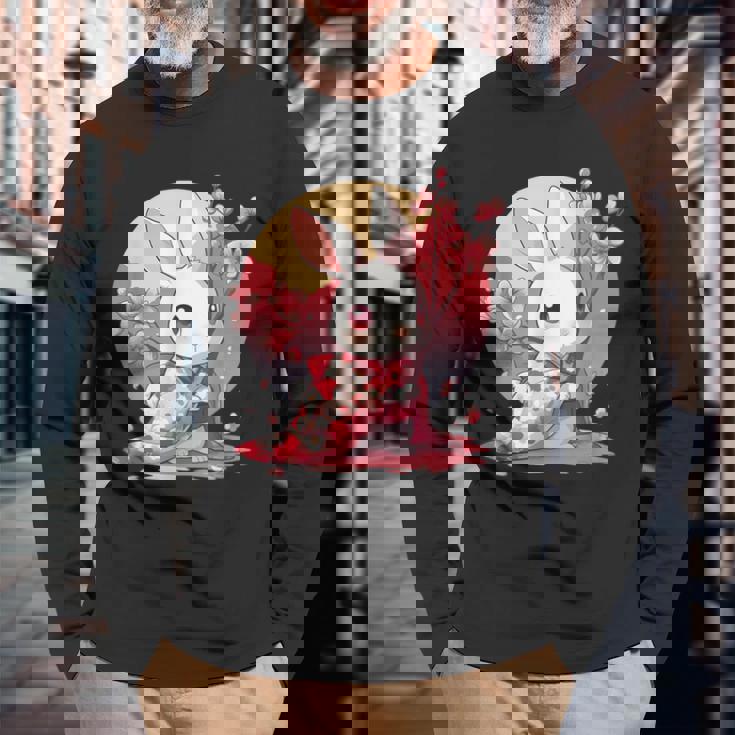 白うさぎの春のさくらアドベンチャー 長袖Tシャツ 高齢者への贈り物