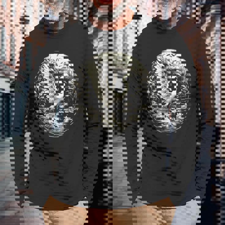 白鷺シーンのグラフィック アート デザイン 長袖Tシャツ 高齢者への贈り物