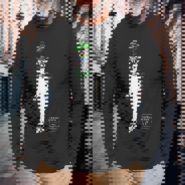 盆栽ねこ 頭に松の盆栽を乗せたハチワレ猫 長袖Tシャツ 高齢者への贈り物