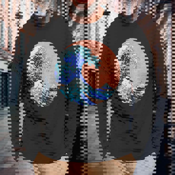 神奈川の偉大な波 日本製 長袖Tシャツ 高齢者への贈り物