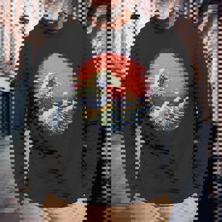 神奈川沖浪裏 葛飾北斎の 冨嶽三十六景 神奈川沖浪裏 富士山 レトロ ヴェイパーウェイヴ 長袖Tシャツ 高齢者への贈り物