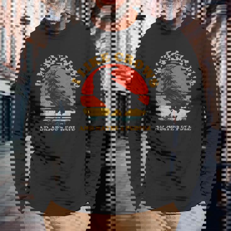 私はカラスと多分 3 人が好きです レトロ ビンテージ ブラック カラス 長袖Tシャツ 高齢者への贈り物