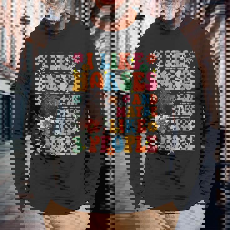 私は馬と3人が好きグルーヴィーな乗馬乗馬ライダー 長袖Tシャツ 高齢者への贈り物