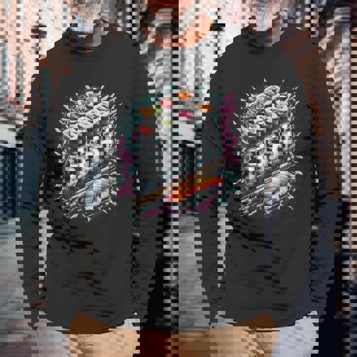 稲妻と閃光の寿司ティー 日本料理 長袖Tシャツ 高齢者への贈り物