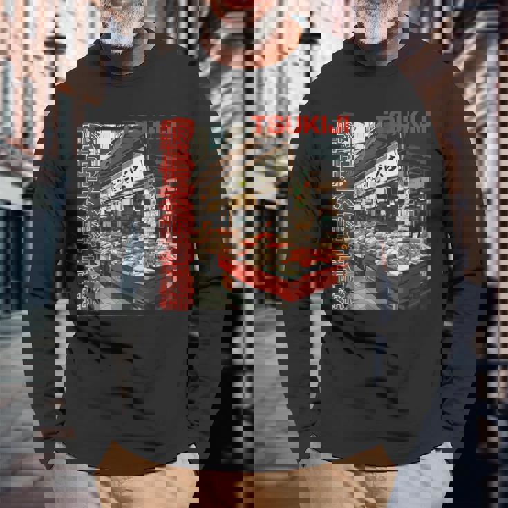 築地魚市場 日本 東京撮影 海鮮屋台 長袖Tシャツ 高齢者への贈り物