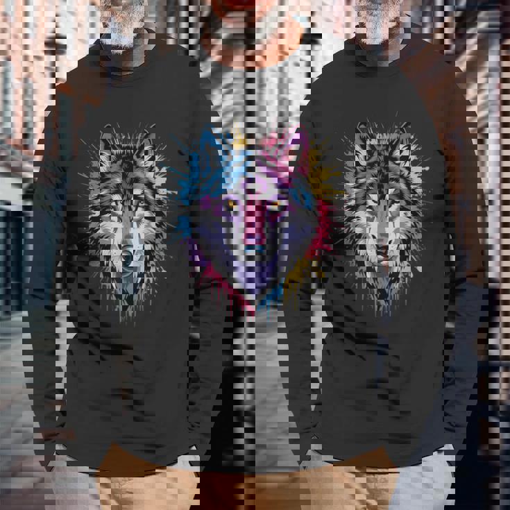 素晴らしいオオカミの頭の色彩。 長袖Tシャツ 高齢者への贈り物