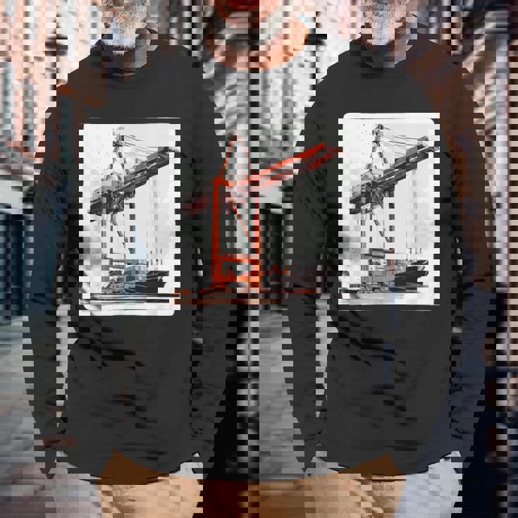 素晴らしいポートクレーン コンテナ船コスチューム 長袖Tシャツ 高齢者への贈り物