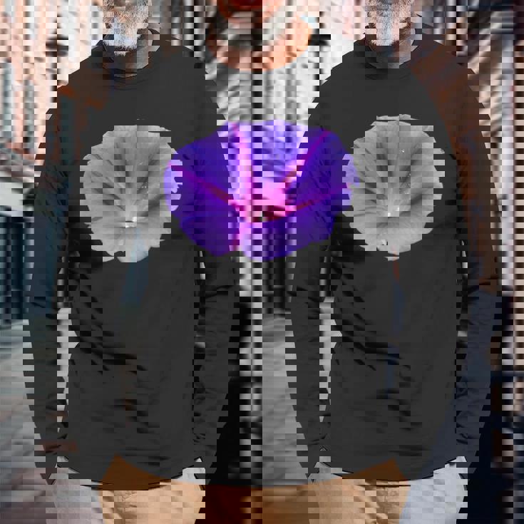 美しいパープルカラーの朝顔フラワーカットアウト 長袖Tシャツ 高齢者への贈り物