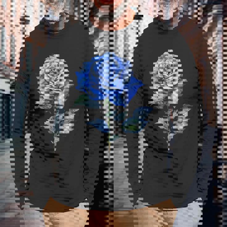 美しいブルーローズフローラルブルーフラワー 長袖Tシャツ 高齢者への贈り物