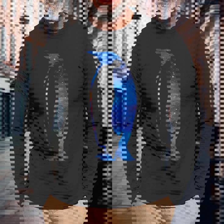 美的シルエット 星 宇宙 銀河 ペンギン 長袖Tシャツ 高齢者への贈り物