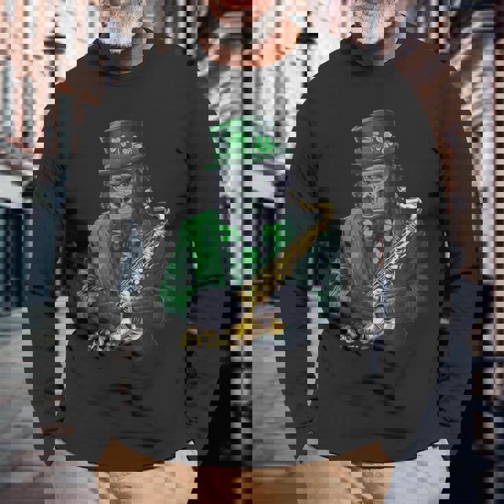 聖パトリックの日 ゴリラサックス 長袖Tシャツ 高齢者への贈り物