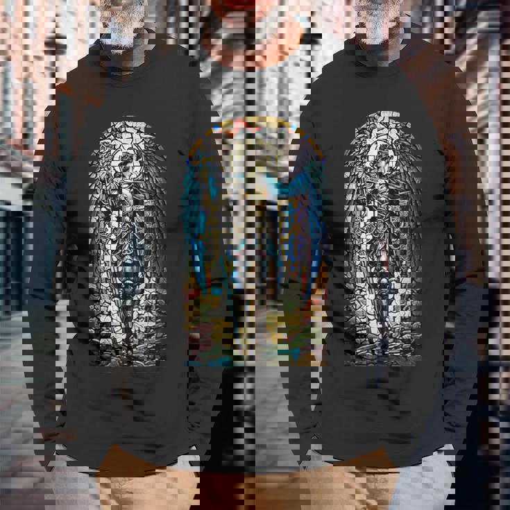 聖ミカエル大天使 – 聖なるステンドグラス – キリスト教 長袖Tシャツ 高齢者への贈り物