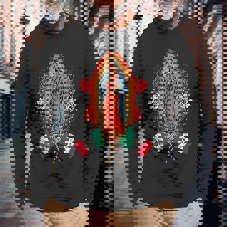 聖母マリア メキシコ国旗 聖母マリア グアダルーペ 長袖Tシャツ 高齢者への贈り物