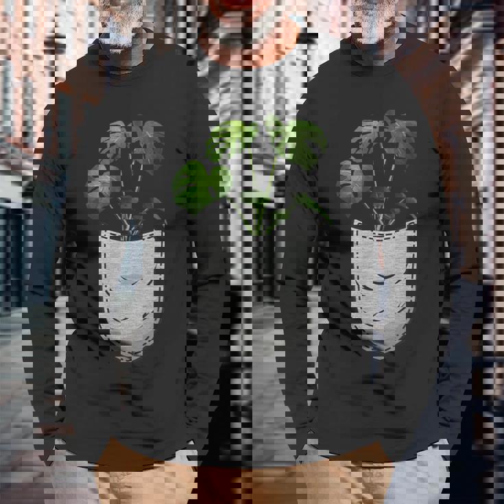 胸ポケットにモンステラ 長袖Tシャツ 高齢者への贈り物