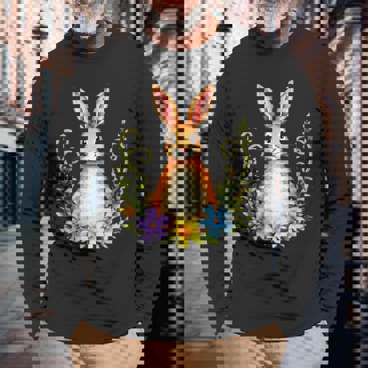 花と葉を持つ愛らしいウサギ 自然デザイン 長袖Tシャツ 高齢者への贈り物