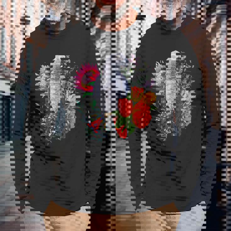 花と蝶とヨウム 長袖Tシャツ 高齢者への贈り物