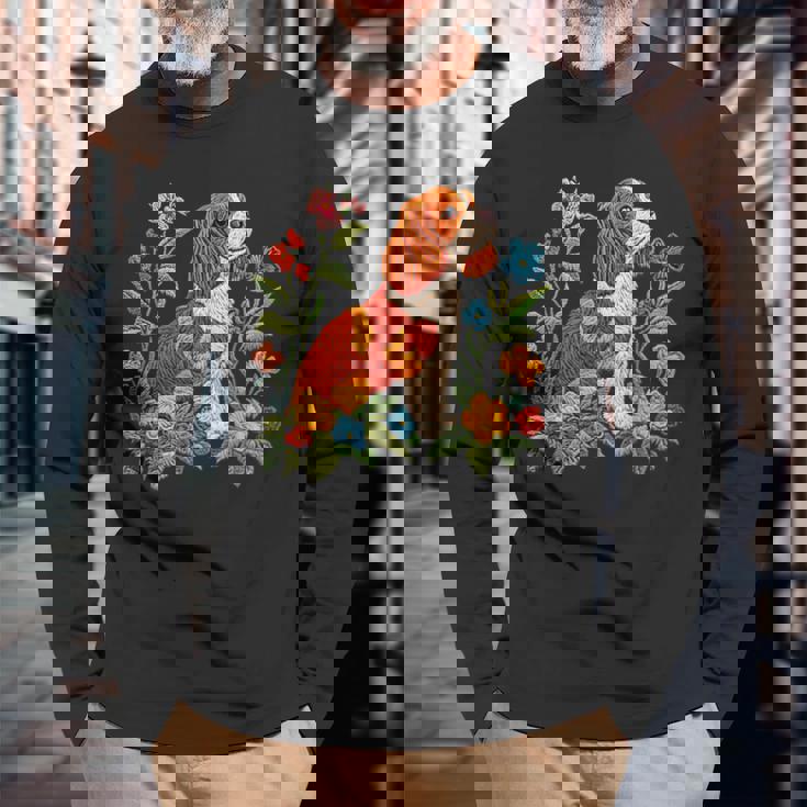 花柄 キャバリア王 チャールズ スパニエル キュート ママ 母の日 長袖Tシャツ 高齢者への贈り物