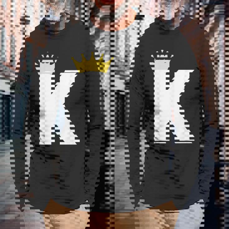 英文字 K 大文字 アルファベット モノグラム イニシャル キング クイーン クラウン 長袖Tシャツ 高齢者への贈り物