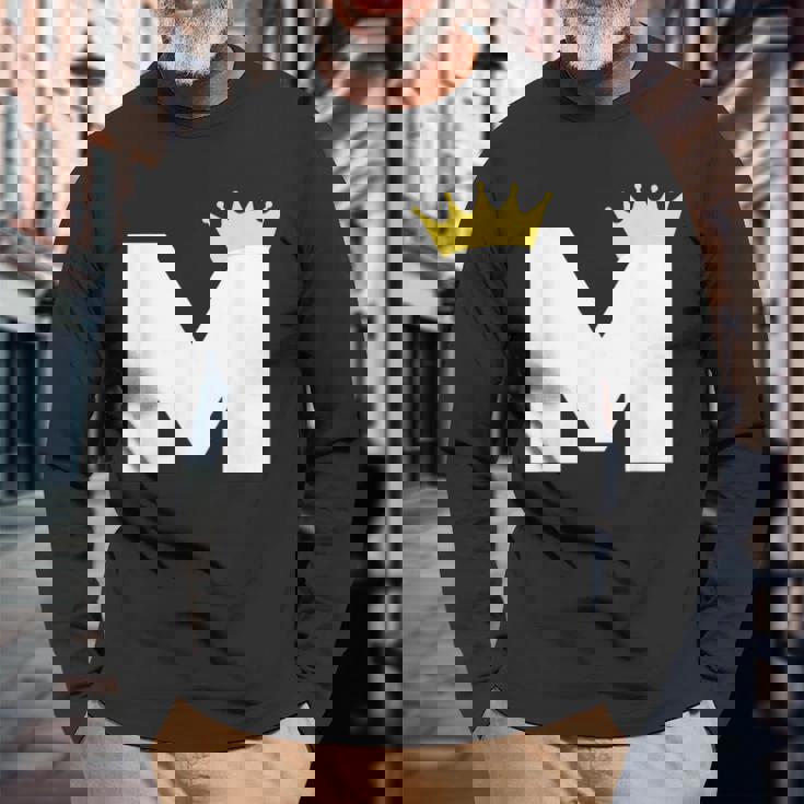 英文字 M 大文字 アルファベット モノグラム イニシャル キング クイーン クラウン 長袖Tシャツ 高齢者への贈り物