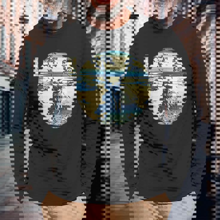 葛飾 北斎 信州諏訪湖 有名なヴィンテージアート スタイリッシュ 長袖Tシャツ 高齢者への贈り物