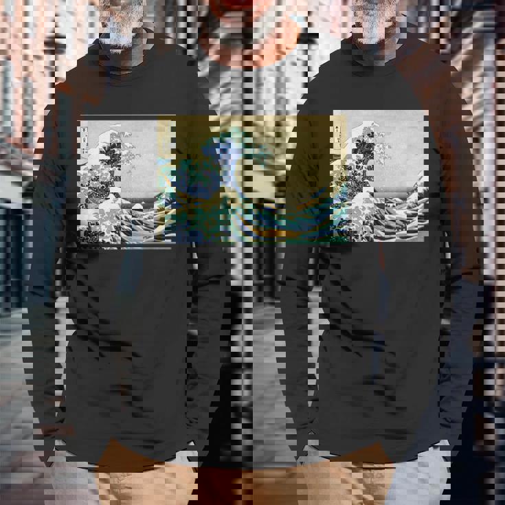 葛飾 北斎 神奈川沖浪裏 有名なヴィンテージアート スタイリッシュ 長袖Tシャツ 高齢者への贈り物